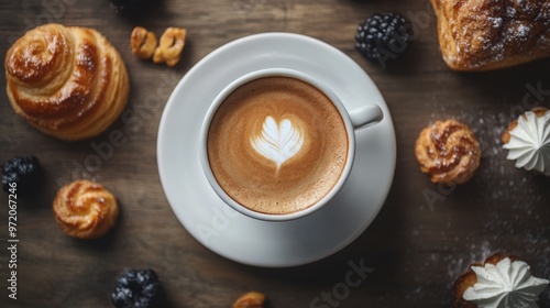 A beautifully crafted latte with a heart design, surrounded by delicious pastries and fresh berries on a wooden table.