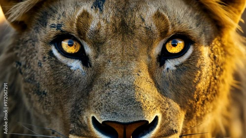 Majestic lion looking directly at the camera during golden hour in the African savanna