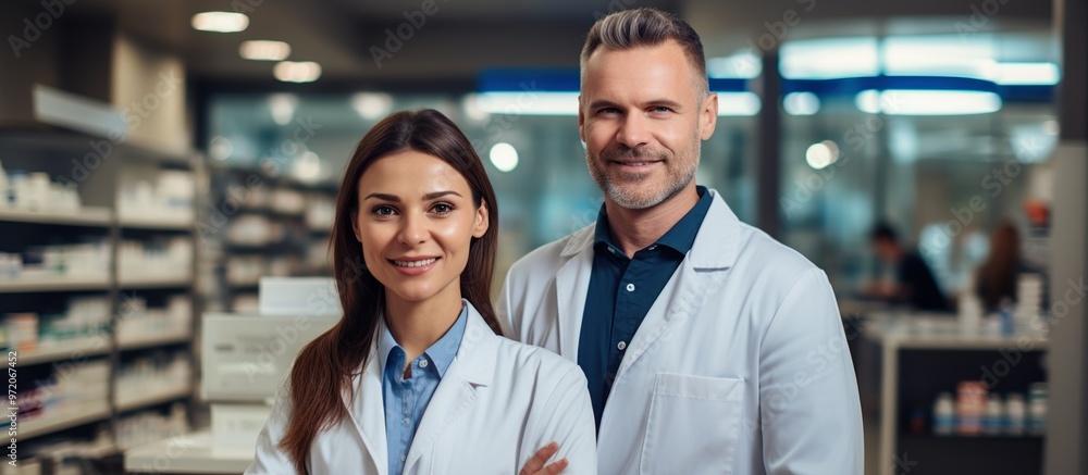 Pharmacists in a Modern Pharmacy. Happy Chemist Team: Standing with Crossed Arms. 3D Illustration. Generate Ai Image Pharmacists in a Modern Pharmacy. Happy Chemist Team: Standing with Crossed Arms. 3D Illustration. Generate Ai Image