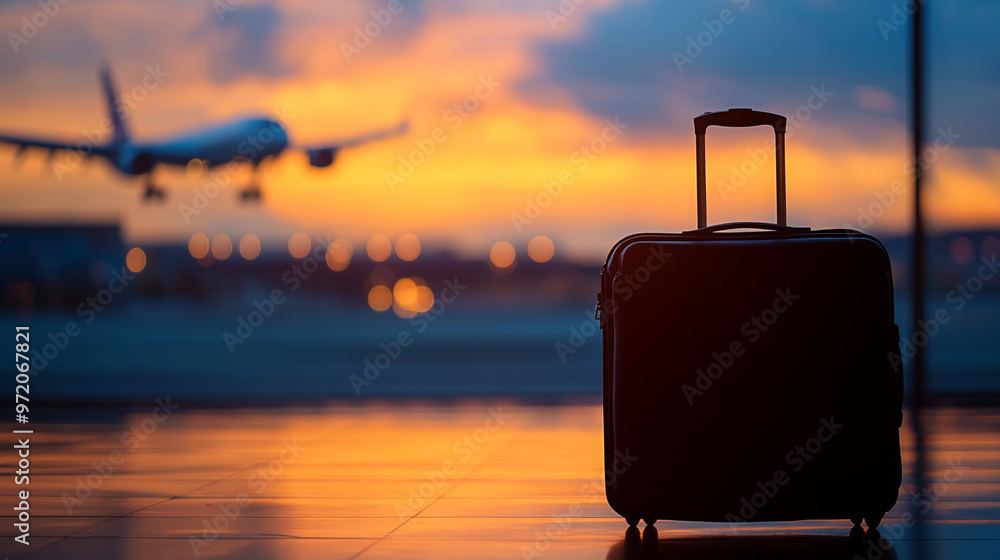 silhouette of a suitcase stands against a blurred background, with an airplane soaring in the sky. This image evokes themes of travel, adventure, and new beginnings, symbolizing freedom and exploratio
