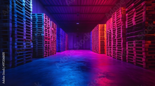 Stacked wooden pallets in a warehouse, illuminated by neon blue and purple lights, futuristic, dark atmosphere, high contrast, cinematic lighting photo