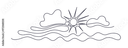Sun, cloud, sea, wave line symbol. Cloudy weather