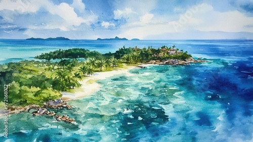 Wallpaper Mural A serene watercolor painting of a tropical island surrounded by turquoise waters and lush greenery under a bright sky. Torontodigital.ca