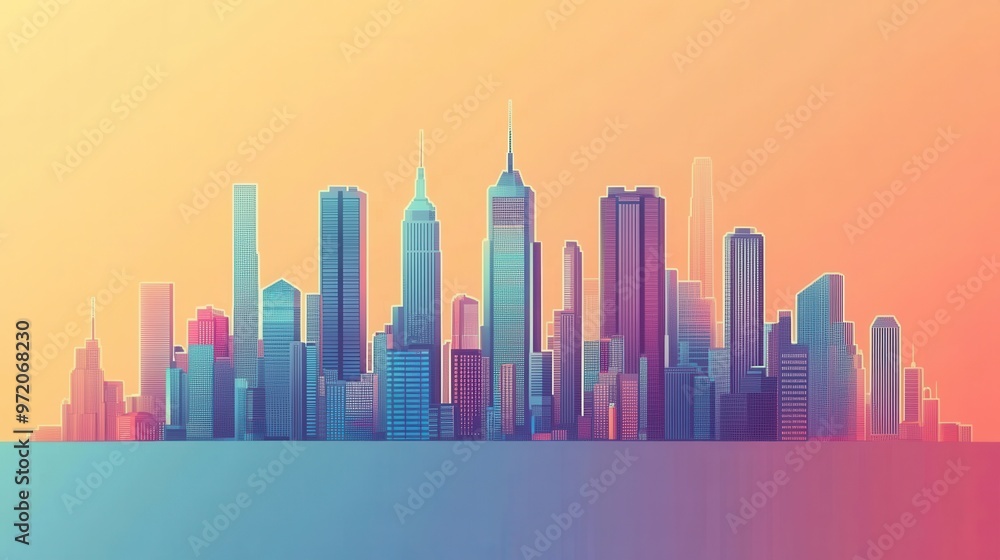A vibrant city skyline under a colorful gradient sky, showcasing modern architecture and a blend of urban life. A vibrant city skyline under a colorful gradient sky, showcasing modern architecture and a blend of urban life.