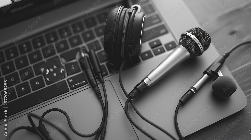 Office laptop with earbuds and a microphone