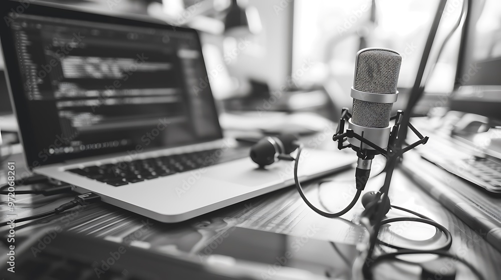 Office laptop with earbuds and a microphone Office laptop with earbuds and a microphone