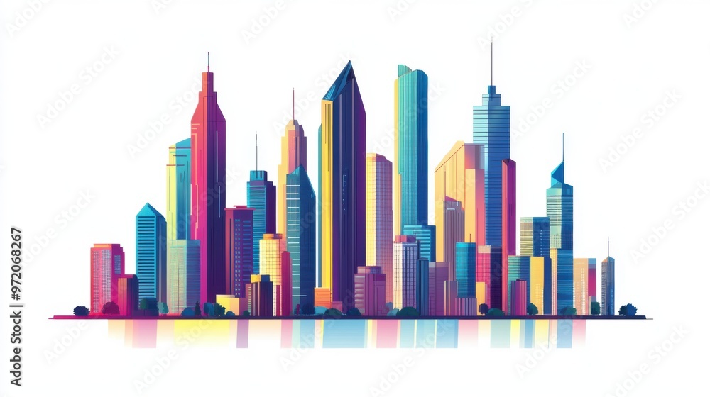 A vibrant city skyline with colorful skyscrapers, reflecting modern architecture and urban lifestyle. Perfect for city-themed projects. A vibrant city skyline with colorful skyscrapers, reflecting modern architecture and urban lifestyle. Perfect for city-themed projects.