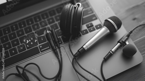Obraz na płótnie Office laptop with earbuds and a microphone w salonie
