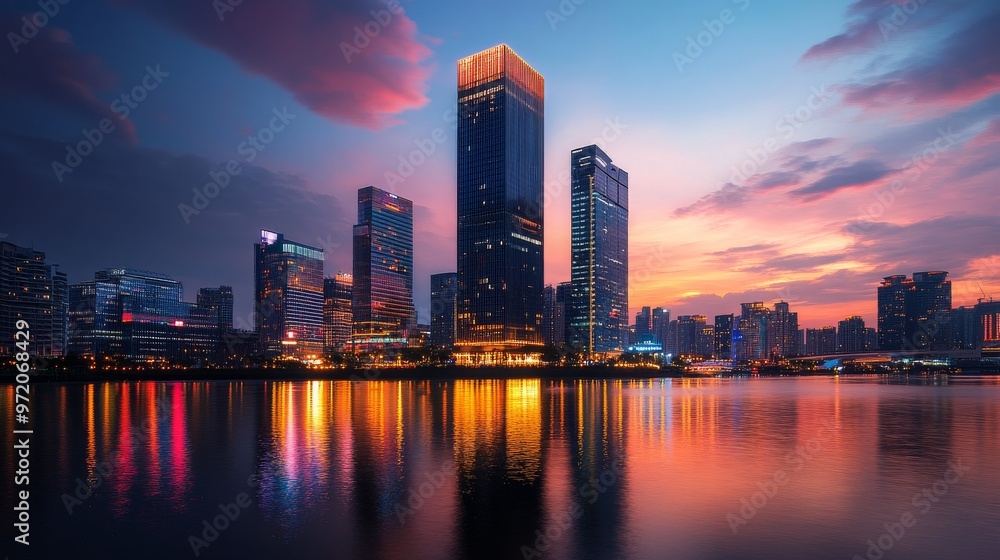 Fototapeta premium Modern City Skyline Reflection at Sunset