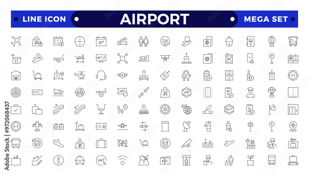 Airport Outline icon set. Contains linear outline icons like Plane, Ticket, Baggage, Seat, WIFI, Bag, Departure, Terminal, Passport, Transport, Luggage, Airplane. Airport Outline icon set. Contains linear outline icons like Plane, Ticket, Baggage, Seat, WIFI, Bag, Departure, Terminal, Passport, Transport, Luggage, Airplane.