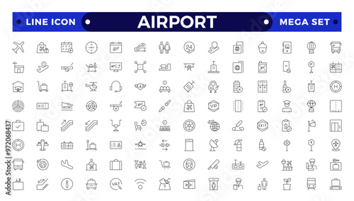 Airport Outline icon set. Contains linear outline icons like Plane, Ticket, Baggage, Seat, WIFI, Bag, Departure, Terminal, Passport, Transport, Luggage, Airplane.