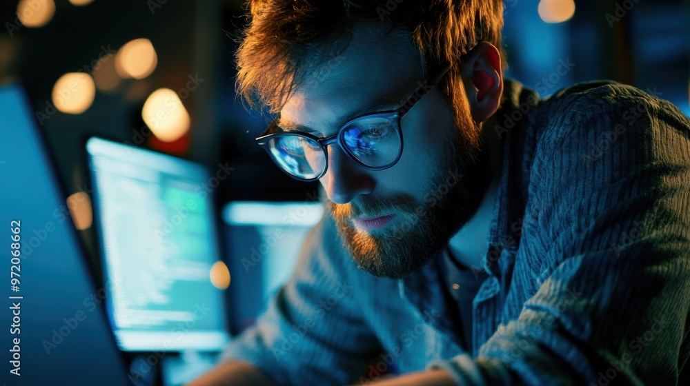 Focused programmer working late at night on complex code in a modern tech environment with illuminated screens. Focused programmer working late at night on complex code in a modern tech environment with illuminated screens.