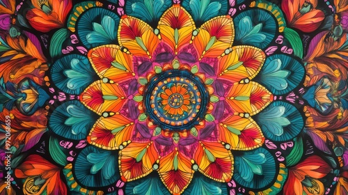 Colorful mandala design featuring vibrant floral patterns and intricate details, perfect for art or decoration projects.