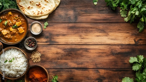 Indian food curry, rice, naan bread and spices on rustic wooden background with copy space.