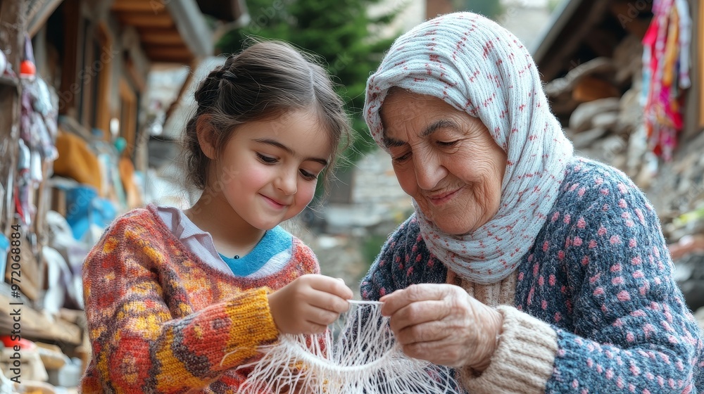 Obraz premium Turkish Grandmother Passing Down Knitting Skills to Granddaughter - Family Bonding Tradition