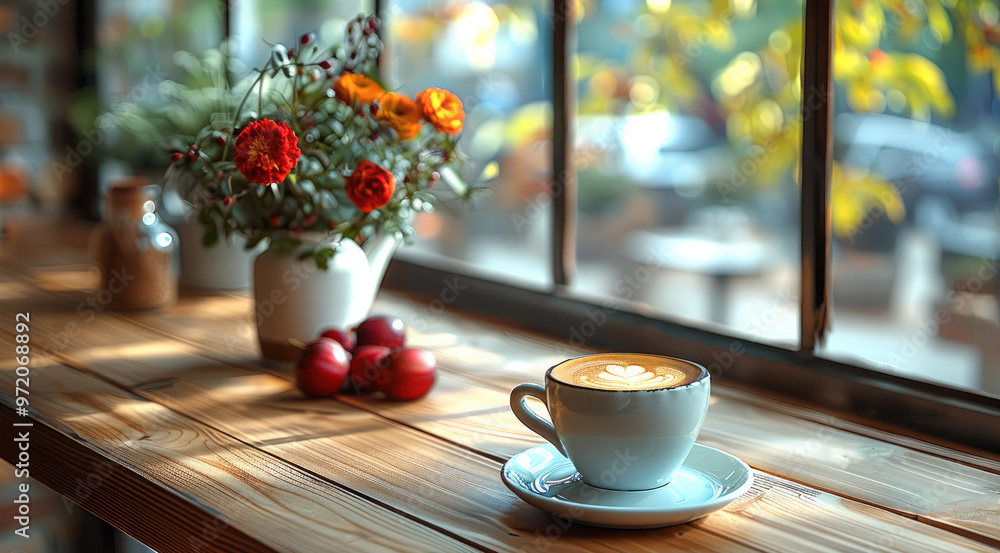 A modern wooden table next to the window overlooking the outside, there is a small cup of coffee with a beautiful pattern placed on a small saucer on the table. Generative AI. A modern wooden table next to the window overlooking the outside, there is a small cup of coffee with a beautiful pattern placed on a small saucer on the table. Generative AI.