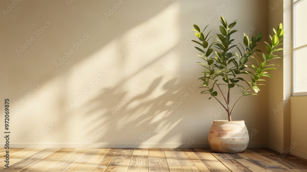 Empty room interior background, beige wall, pot with plant, wooden flooring Empty room interior background, beige wall, pot with plant, wooden flooring
