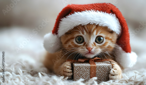 “Cute Kitten Wearing a Santa Hat Next to a Christmas Tree” 