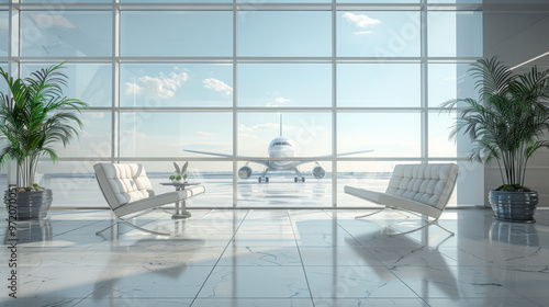 Empty airport terminal lounge Minimal Style with airplane on background photo