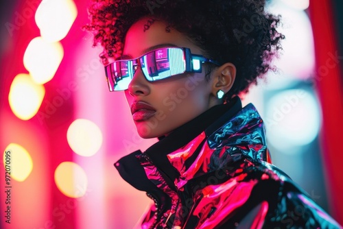 Futuristic Gen Z Style: Close-up of Trendy Youth in Reflective Streetwear with Smart Accessories, Symbolizing 2024's Tech-Driven Fashion Forwardness photo