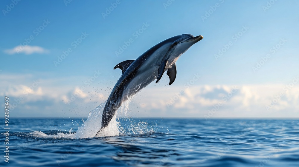 Obraz premium Dolphin Jumping Out Of Water With Blue Sky And Clouds