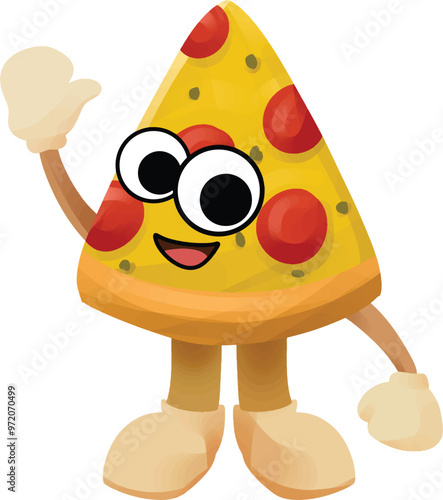 slice pizza mascot wave hand and smile