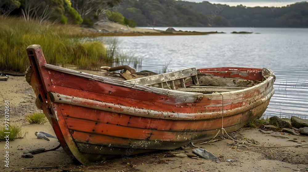 Old red wooden brick dinghy on the bay foreshore Old red wooden brick dinghy on the bay foreshore
