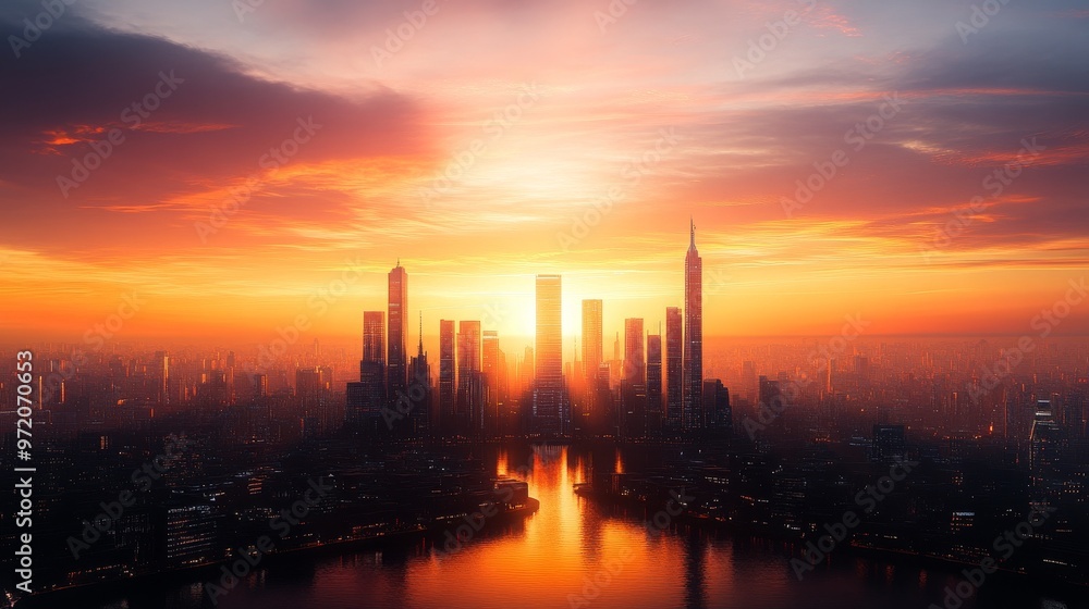 Fototapeta premium Cityscape Sunset with Golden Sky and River Reflection