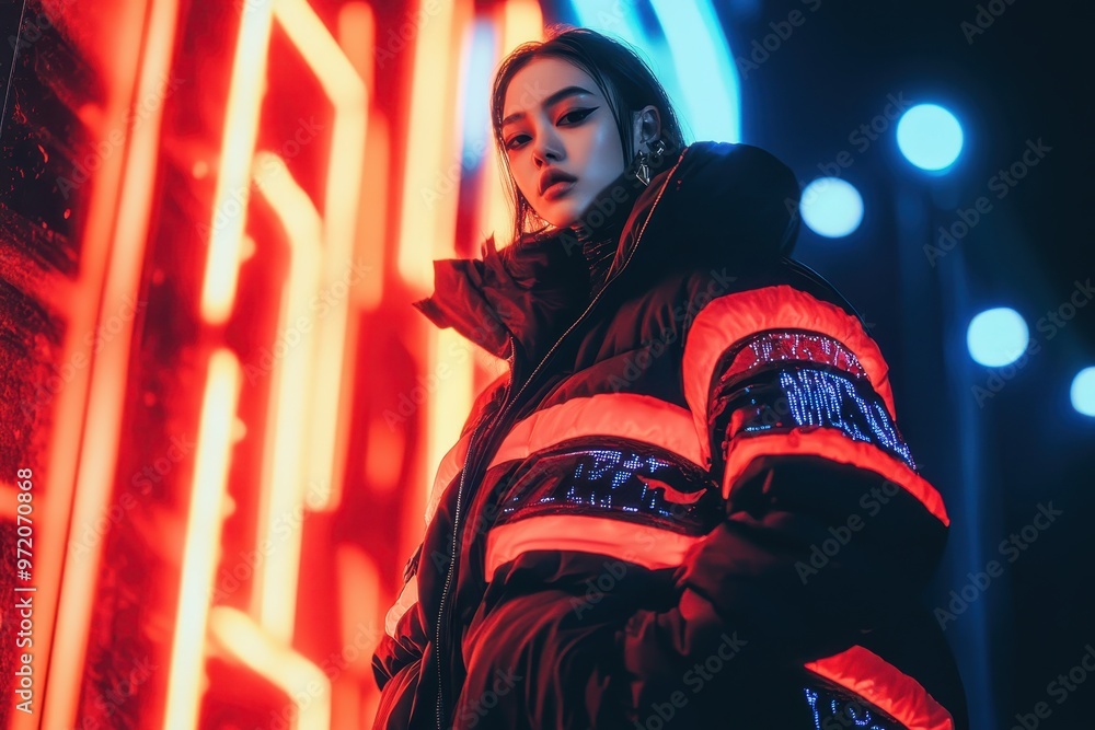Tech-Inspired Fashion of 2024: Gender-Fluid Model in Oversized Holographic Jacket - Gen Z Futuristic Style Tech-Inspired Fashion of 2024: Gender-Fluid Model in Oversized Holographic Jacket - Gen Z Futuristic Style