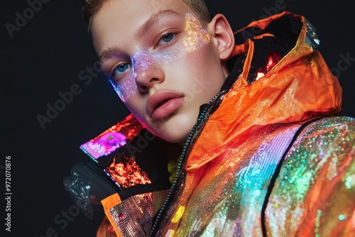 Bold Holographic Tech Fashion: Portrait of Gender-Fluid Model in Oversized Jacket Embracing Gen Z Futuristic Style of 2024 photo