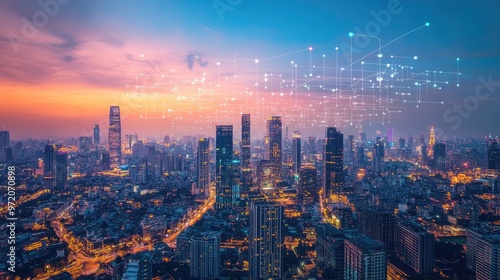 A panoramic view of a modern city skyline at sunset with an overlay of a network of connected dots, symbolizing technology and connectivity.