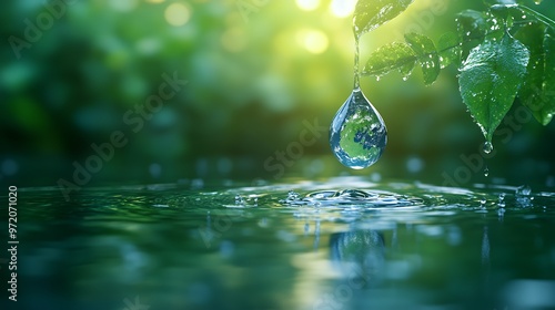 A single water drop with the Earth reflected inside falls from a leaf into still water. photo