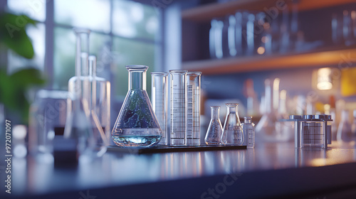 Detailed View of Graduated Cylinders and Flasks on a Lab Workbench photo