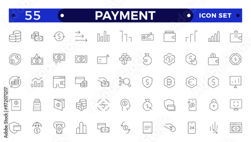 Payment outline icon set. Business and finance payment collection with money, banking, credit card, exchange, cash and transaction icon.