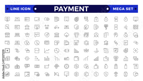 Payment outline icon set. Business and finance payment collection with money, banking, credit card, exchange, cash and transaction icon.
