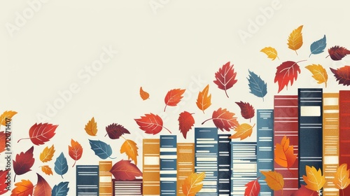 Artistic scene with gradient of autumn-colored leaves falling beside a row of colorful books. Leaves in shades of orange, yellow, and red, align with blue and orange book spines. photo