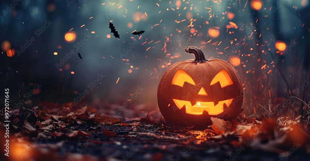 Halloween Background, One spooky halloween pumpkin, Jack O Lantern, with an evil face and eyes, Spooky scary dark Night forrest. Generative AI. Halloween Background, One spooky halloween pumpkin, Jack O Lantern, with an evil face and eyes, Spooky scary dark Night forrest. Generative AI.