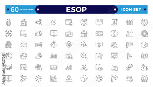 Employee stock ownership plan Outline icon collection. ESOP, benefits, company, shares, benefits, management, win-win, scheme, and ownership icon set. UI Editable stroke outline icon.

