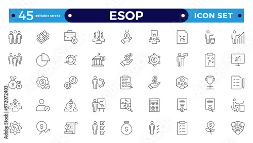 Employee stock ownership plan Outline icon collection. ESOP, benefits, company, shares, benefits, management, win-win, scheme, and ownership icon set. UI Editable stroke outline icon.
