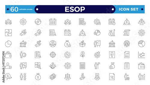 Employee stock ownership plan Outline icon collection. ESOP, benefits, company, shares, benefits, management, win-win, scheme, and ownership icon set. UI Editable stroke outline icon.
