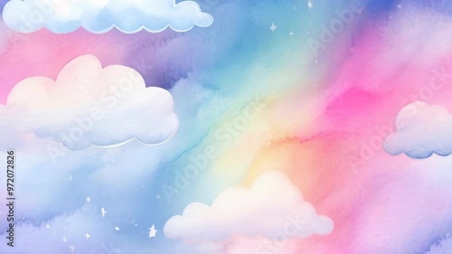 A calming watercolor sky with soft clouds and vibrant pastel colors at sunset