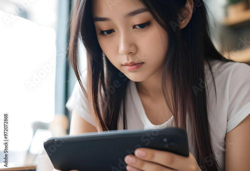 Portrait of a Cheerful Asian using smartphone, cellphone, tabelet. Japanese, Korean young woman, girl. close-up. smiling. at home, indoor. 