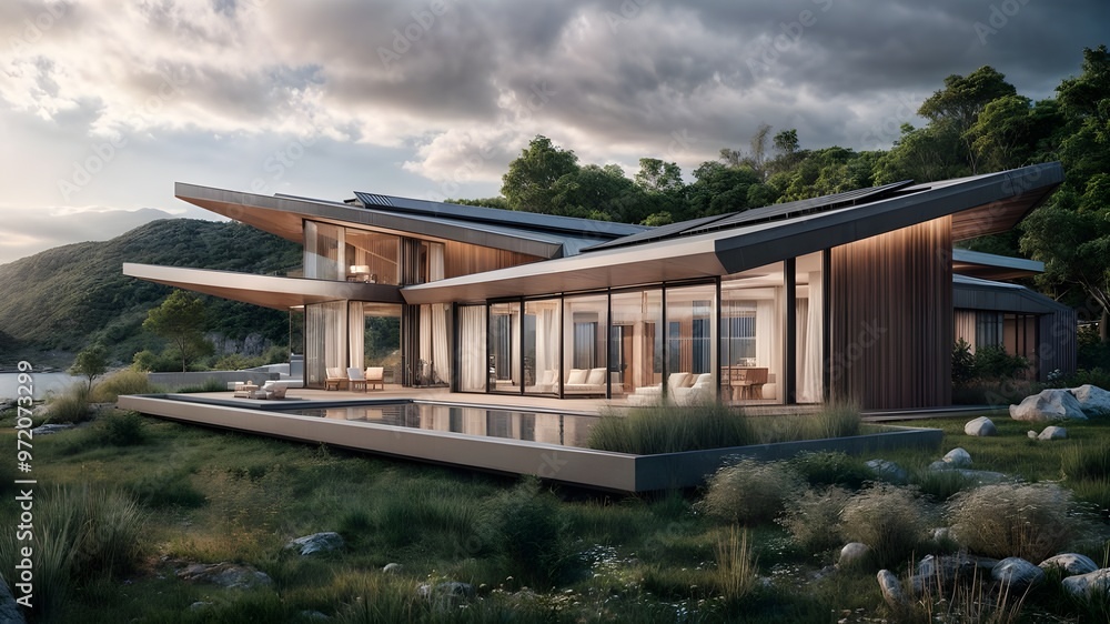 A house with a pool and a large glass wall that says the house is made of glass. A house with a pool and a large glass wall that says the house is made of glass.