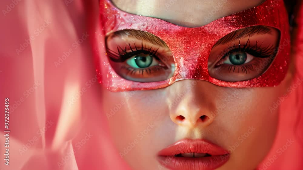 Stunning close-up of a model wearing a vibrant red mask with dramatic makeup at a costume event in a creative studio Stunning close-up of a model wearing a vibrant red mask with dramatic makeup at a costume event in a creative studio