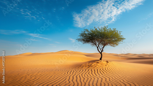 a vast desert landscape, rippling sand dunes, lone tree