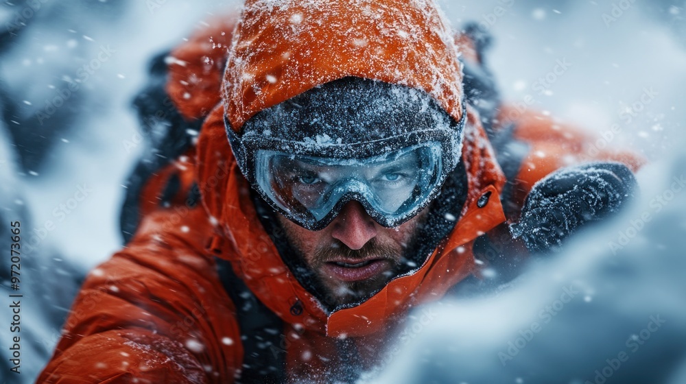 A climber battles snow and wind in a challenging mountain ascent. A climber battles snow and wind in a challenging mountain ascent.