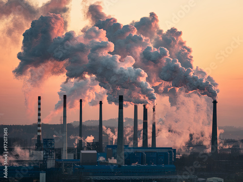 Smoke billowing from industrial chimneys contributing to global warming photo