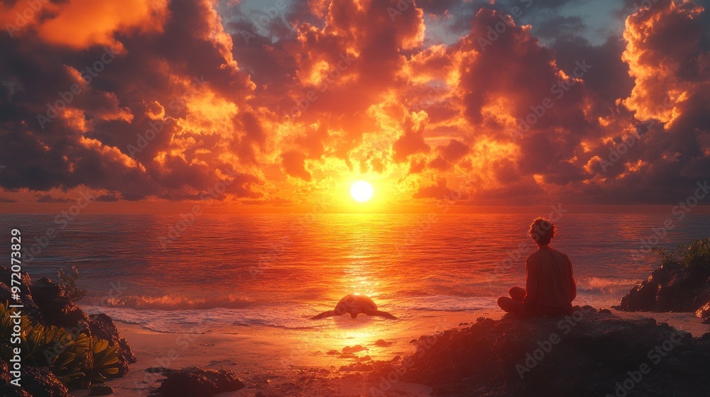 A serene sunset over the ocean with a child meditating nearby. A serene sunset over the ocean with a child meditating nearby.