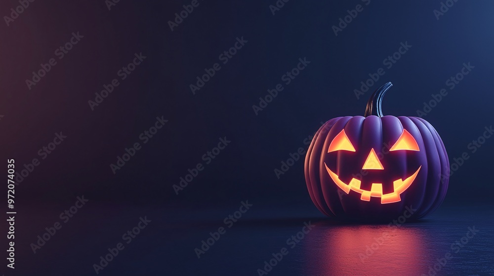 A glowing neon pumpkin with eerie carved features, set against a pitch-black background, providing a vibrant, spooky Halloween vibe. Ample copy space is included for text or design. A glowing neon pumpkin with eerie carved features, set against a pitch-black background, providing a vibrant, spooky Halloween vibe. Ample copy space is included for text or design.