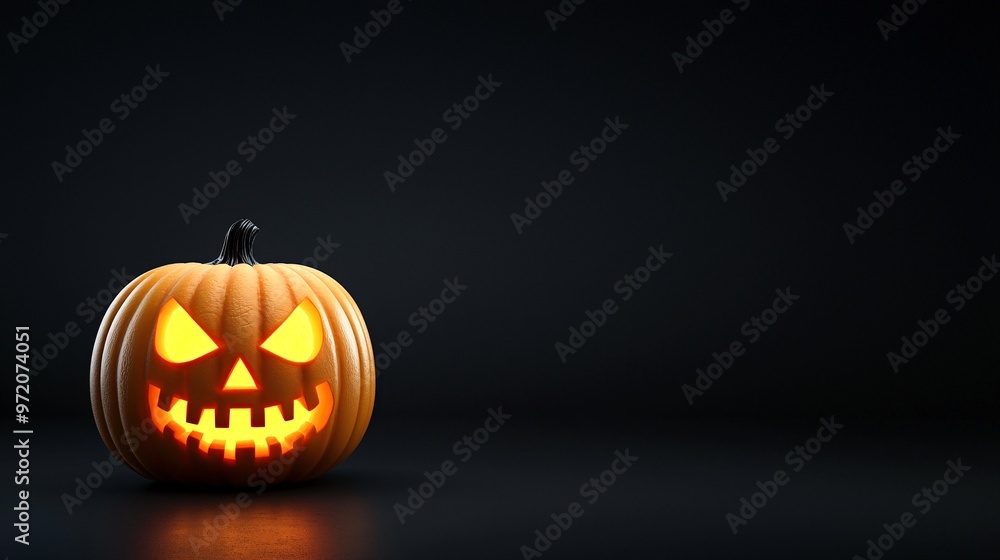 A glowing neon pumpkin with eerie carved features, set against a pitch-black background, providing a vibrant, spooky Halloween vibe. Ample copy space is included for text or design. A glowing neon pumpkin with eerie carved features, set against a pitch-black background, providing a vibrant, spooky Halloween vibe. Ample copy space is included for text or design.